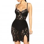 Adogirl Summer Dress for Women Sheer Spaghetti Strap Split Sexy Party Clubwear Floral Lace Bodycon Dresses with Bottom