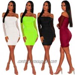 ThusFar Club Dresses for Women Bodycon - Sexy Off Shoulder Ruched Mesh Sleeve Mini Dress