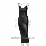 Women PU Leather Bodycon Dress Asymmetrical Spaghetti Strap Dress Sleeveless Split Club Party Dress