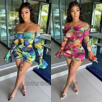 Women Sexy Off Shoulder Bell Sleeve Ruched Front Drawstring Printed Stretchy See Through Bodycon Mini Dress Club Party