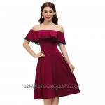 JASAMBAC Women's Off The Shoulder Ruffle A Line Flared Cocktail Party Skater Dress
