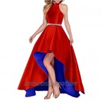 Lamosi Women Halter High Low Beaded Prom Formal Dress Long Satin Evening Homecoming Party Gown