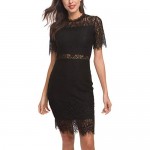 OLRAIN Women Elegant High Neck Knee Length Cocktail Party Lace Dress