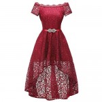 Women's Lace Off Shoulder Cocktail Hi-Lo Vintage Bridesmaid Swing Dress with Beaded Belt