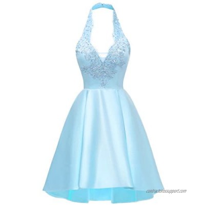Yilis Halter Short Satin Homecoming Dress A-line Lace Applique Hi-lo Formal Prom Gowns
