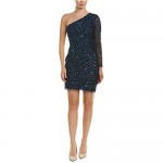 Adrianna Papell Women's One Shoulder Long Sleeve Allover Beaded Cocktail Dress