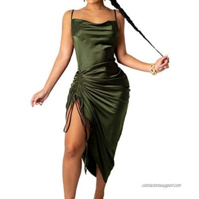 Modegal Women's Satin Adjustable Straps Backless Cowl Neck Sleeveless Asymmetric Hem Cocktail Fishtail Cami Midi Dress