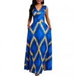 VERWIN V-Neck Print Sleeveless Floor-Length High Waist Pullover Women's Maxi Dress