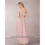 Women's Cap Sleeve Mother of The Bride Dress with Pockets Lace Applique Chiffon Tea Length Formal Evening Party Gown