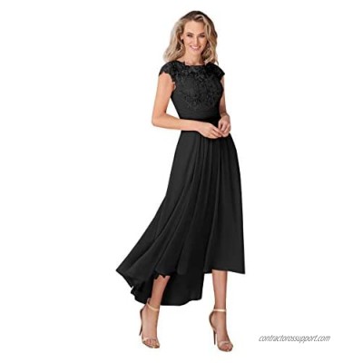 Women's Cap Sleeve Mother of The Bride Dress with Pockets Lace Applique Chiffon Tea Length Formal Evening Party Gown