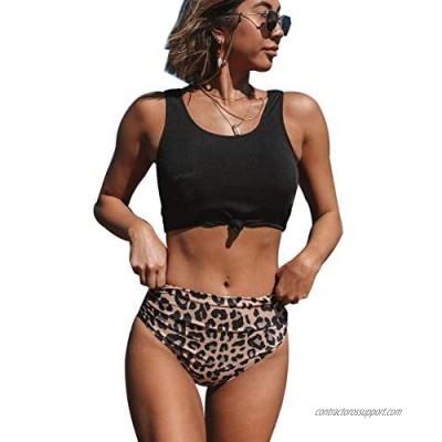 Beachsissi Women High Waist Leopard Print Bikini Set Knot Front Ruched Ribbed Swimwear