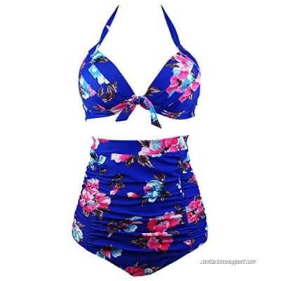 COCOSHIP Retro 50s Black Pink Blue Floral Halter High Waist Bikini Set Halter Carnival Swimsuit(FBA)