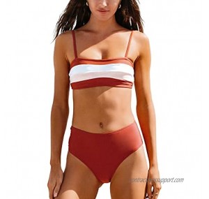 CUPSHE Women's High Waisted Bikini Swimsuit Bandeau Stripe Two Piece Bathing Suit