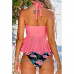 CUPSHE Women's High Waisted Pink Floral Halter Tankini Swimsuit Sets
