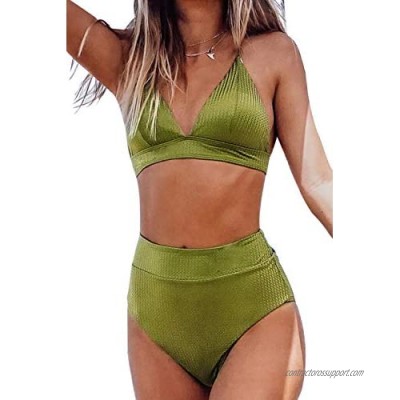 CUPSHE Women's Lime Green Textured Adjustable Shoulder Triangle High Waisted Bikini Sets