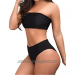 FITTOO Women Bandeau 2 Piece Set Bikini Set Crop Top Solid Color Strapless Plus Size Swimsuit High Waist