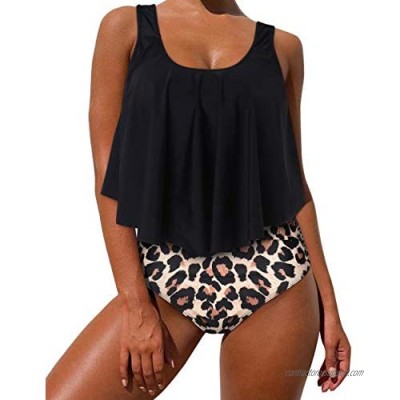 MOSHENGQI Swimsuits for Women Two Piece Ruffler Flouce Top Tankini High Waisted Bathing Suits Tummy Control
