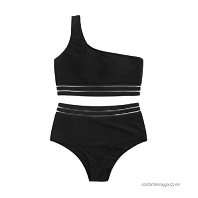 SweatyRocks Women's 2 Pieces Mesh One Shoulder Top with High Waist Bikini Set