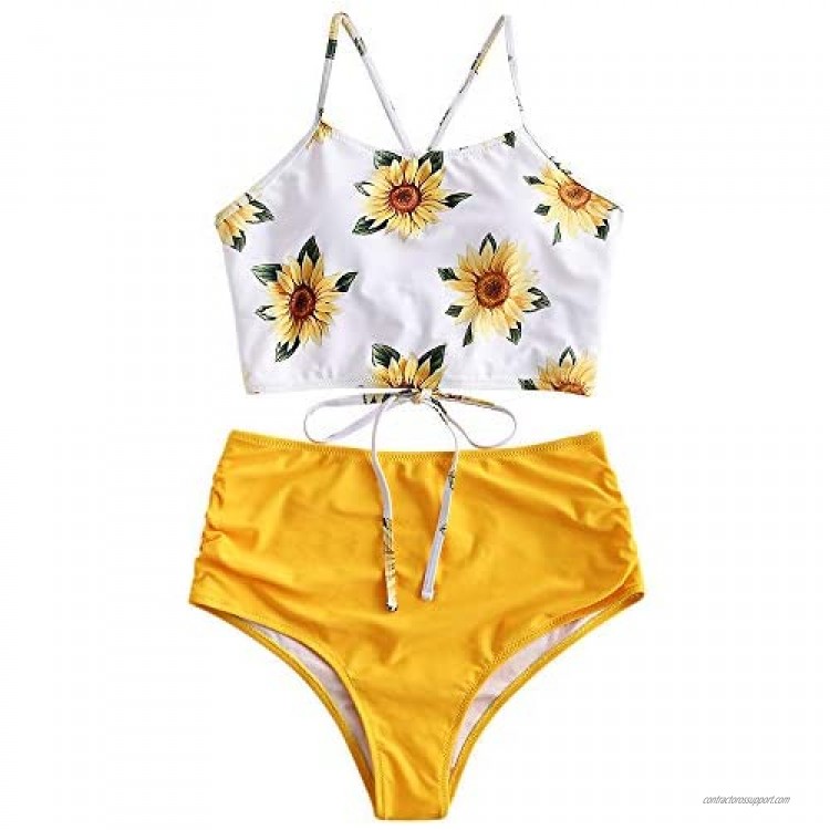 ZAFUL Sunflower Bikini Set Padded Lace Up Ruched Tankini High Waisted Bathing Suit