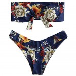 ZAFUL Women's Floral Print Bandeau Bikini Set High Cut Strapless Knot Front Swimsuit Sexy Bathing Suit