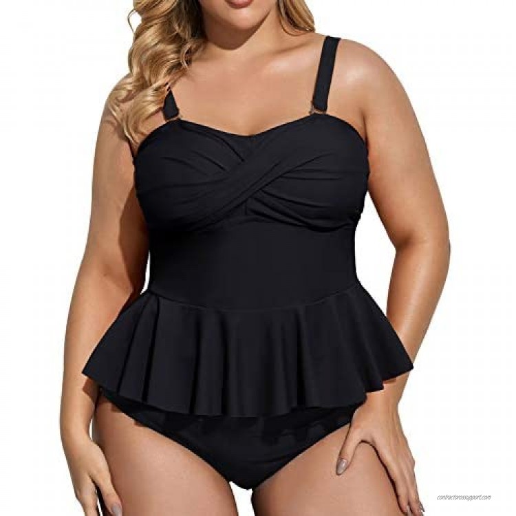 Daci Women Plus Size Tankini Peplum Tops Twist Front High Waisted Tummy Control Two Piece Swimsuits