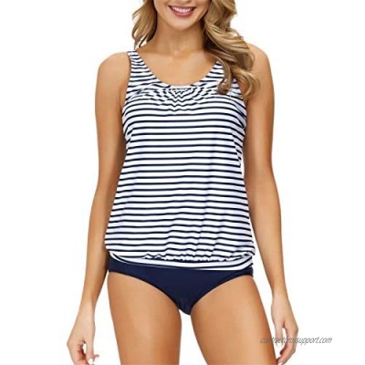 JASAMBAC Tankini Swimsuits for Women Retro Striped Geometric Printed Two Piece Bathing Suits