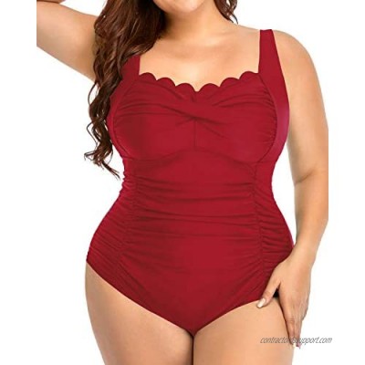 Aqua Eve Women Plus Size Swimsuits One Piece Tummy Control Bathing Suits Retro Scalloped Twist Front Swimwear