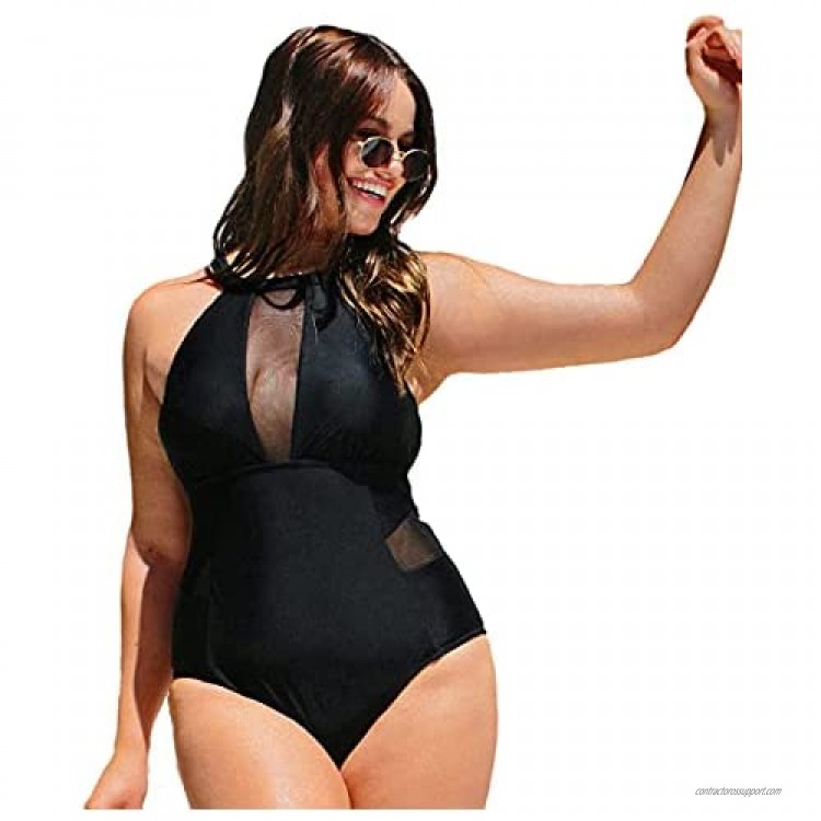 CUPSHE Women's One Piece Plus Size Swimsuit Black Mesh High Neck Bathing Suit