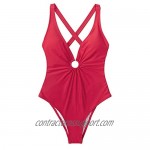CUPSHE Women's One Piece Swimsuit Red V Neck O Ring Back Cross Bathing Suit