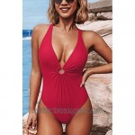 CUPSHE Women's One Piece Swimsuit Red V Neck O Ring Back Cross Bathing Suit
