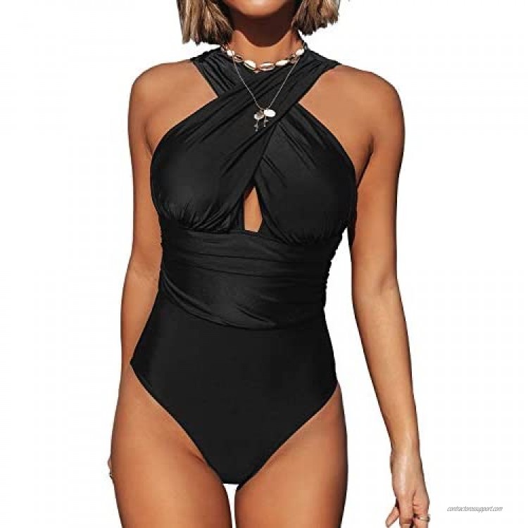 CUPSHE Women's One Piece Swimsuit Ruched Cross Over Solid Beach Swimwear Bathing Suits