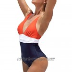 CUPSHE Women's Orange Navy V Neck Ruching One Piece Swimsuit