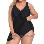 Holipick Women's Plus Size One Piece Swimdress Mesh Tummy Control V Neck Flowy Bathing Suit Dress