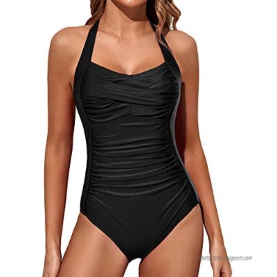 Tempt Me Women Tummy Control Vintage Halter One Piece Swimsuit Ruched Padded Bathing Suits