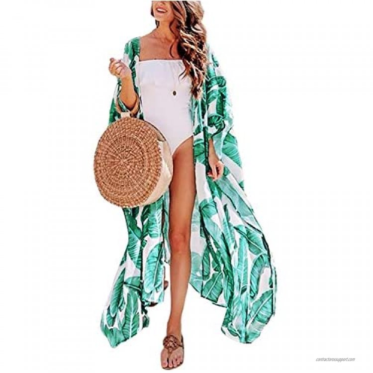 QIUYEJUO Women's Flowy Beach Kimono Long Bikini Cover Up Dress Chiffon/Rayon Open Front Cardigan