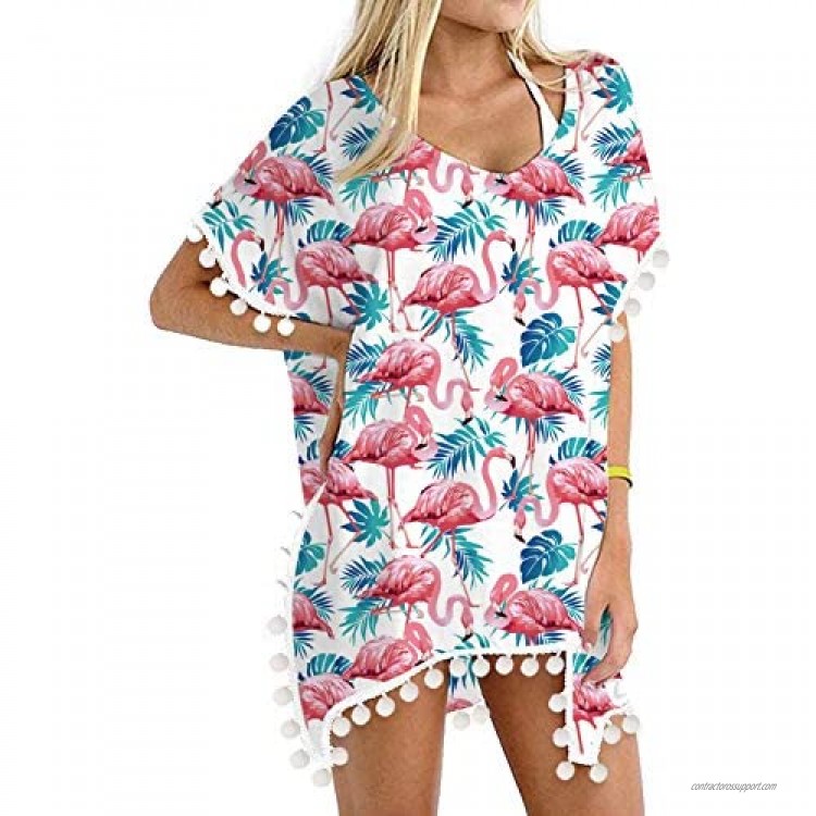 RAISEVERN Women's Chiffon Swimsuit Cover Up Bathing Suit Swimwear Beach W/Pompom