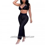 Salimdy Women Hollow Out Knitted See Through 2 Piece Outfits Halter Bandeau Top Long Pant Bikini Cover up