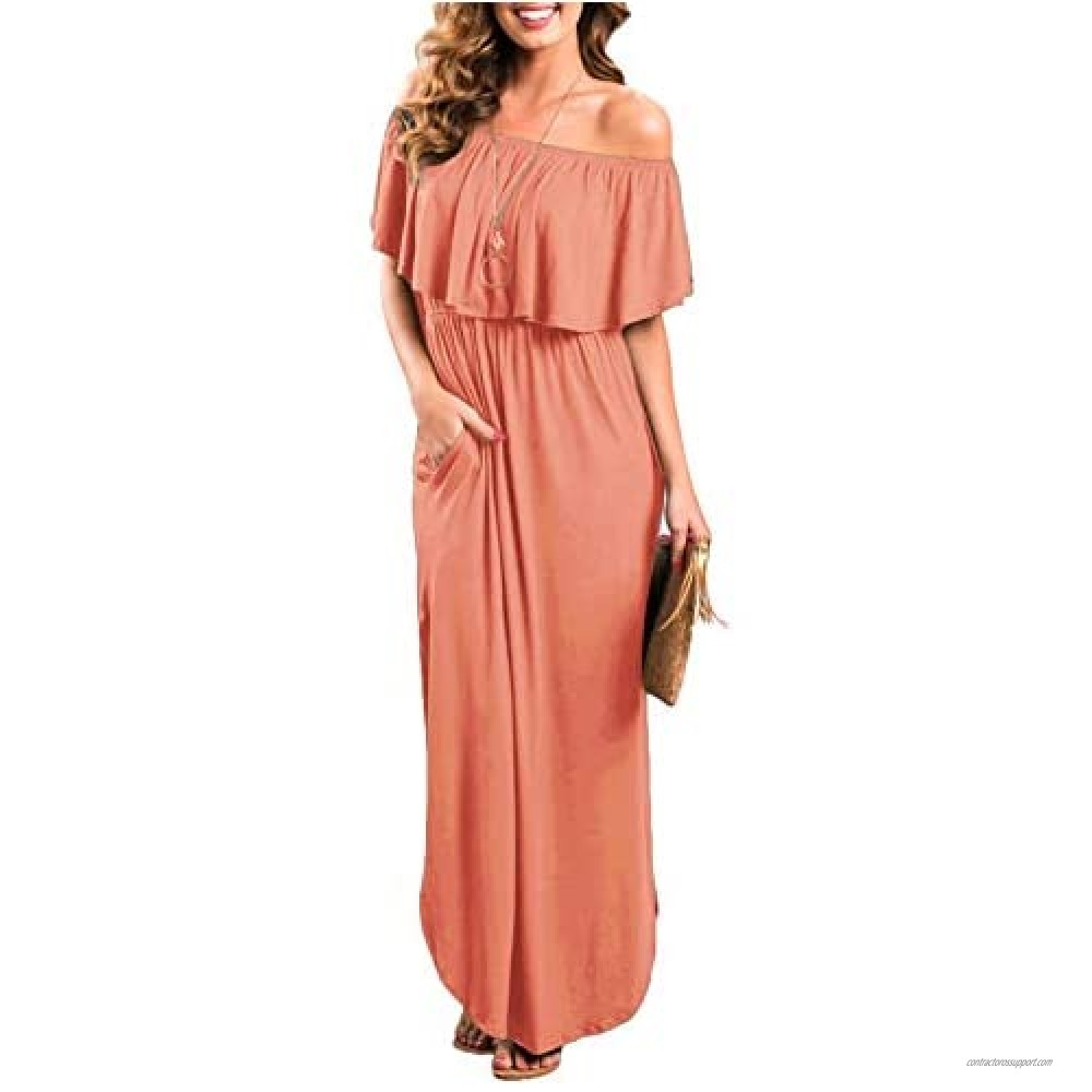 Sarin Mathews Womens Off The Shoulder Ruffle Party Dress Casual Side Split  Beach Long Maxi Dresses with Pockets at Women's Clothing store - B07DXL1H51