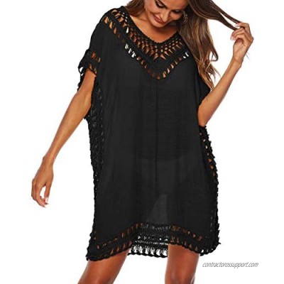 SIAEAMRG Swimsuit Cover Ups for Women  V Neck Hollow Out Crochet Chiffon Summer Beach Cover Up Dress