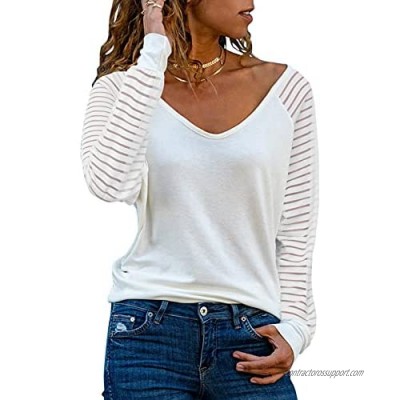 Actloe Womens Casual V Neck Tops Long Sleeve Shirts Striped Sheer Mesh Patchwork Blouses and Tops