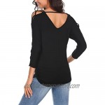 ELESOL Women Cold Shoulder Tops V Neck Cut Out Shirts 3/4 Sleeve Open Back Summer Casual Blouse Tunic Tops