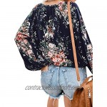 Eytino Women Casual Boho Floral Print V Neck Long Sleeve Drawstring Blouse Tops(Many Colors S-XXL)