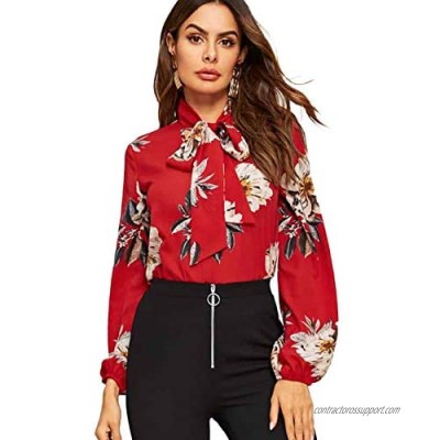 Floerns Women's Floral Print Bow Tied Neck Lantern Long Sleeve Blouse Tops