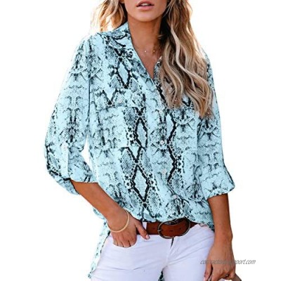 HOTAPEI Womens Summer 2020 Fashion Tops and Blouses for Work Casual V Neck Animal Print 3/4 Cuffed Sleeve Button Down Collar Front Pockets Shirts Blouses Blue Medium