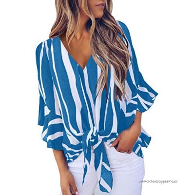 Imysty Womens Floral V Neck Bell Sleeve Blouses Tie Knot Front Casual Summer Chiffon Tops Shirts