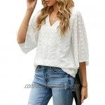 LookbookStore Women's Casual V Neck Bell Sleeve Blouse Swiss Dot Loose Shirt Top