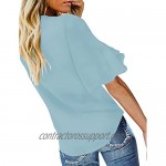 luvamia Women's Sexy V Neck Ruffle 3/4 Sleeve Tops Loose Button Down Blouses Shirts Light Blue 4175 Size M