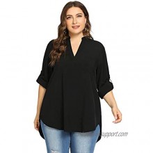 Milumia Women's Plus Size V Neck Rolled Up Long Sleeve High Low Hem Loose Blouse Shirt Top