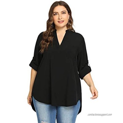 Milumia Women's Plus Size V Neck Rolled Up Long Sleeve High Low Hem Loose Blouse Shirt Top