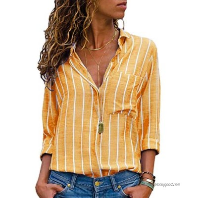 MISSLOOK Women's Stripes Button Down Shirts Roll-up Sleeve Tops V Neck Casual Work Blouses
